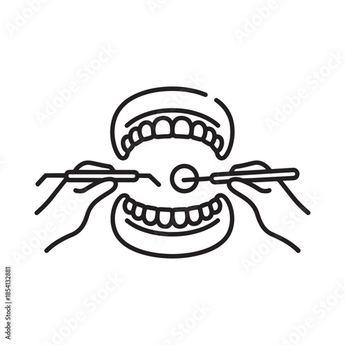 Dental care illustration showing hands flossing teeth with dental tools