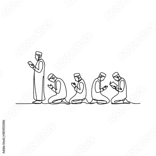Line art illustration of a group of muslim men praying together