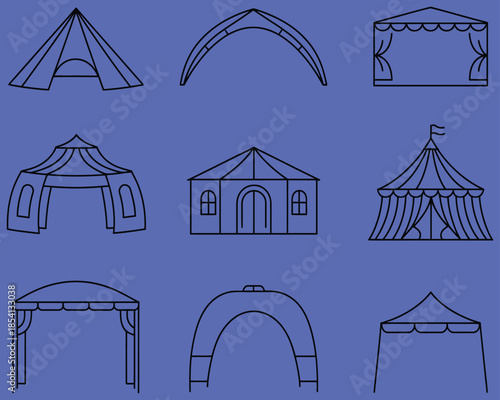 vector set of event tent illustrations, clean line art collection for outdoor festivals, weddings, camping events, exhibitions, and professional event planning design projects.