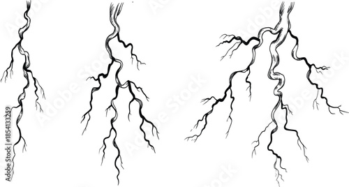 Set of black hand drawn lightning bolts and thunder electric charge sparks doodle vector illustration icons