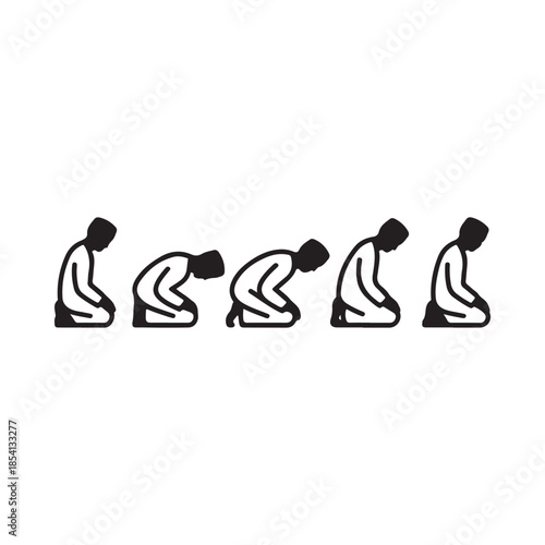 Sequence of a person in a praying or prostrating position illustrated in black