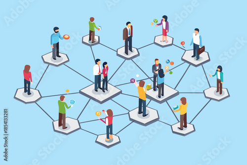 Isometric illustration of people connected by a network of platforms and lines