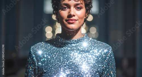 Young woman smiling in a sparkling sequined top with bokeh background  