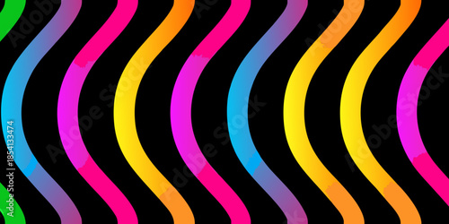 Colorful curved stripes on a black background create a vibrant abstract pattern