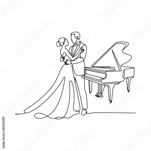 A couple dances romantically near a grand piano in a continuous line drawing