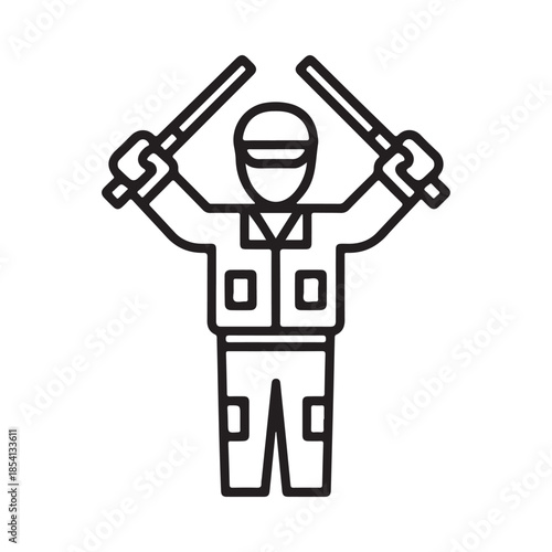 Line art illustration of a person raising arms with batons