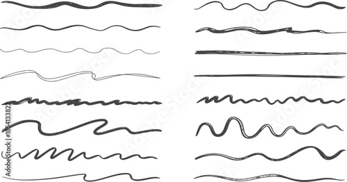 Set of hand drawn black marker wavy lines and textured charcoal brush stroke underlines vector illustration