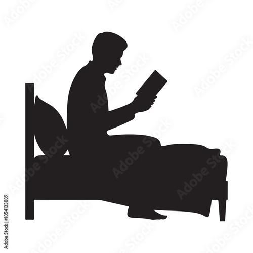 A silhouette of a man comfortably reading a book in bed at night