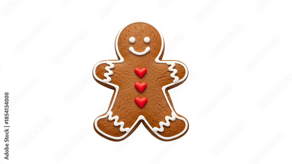 Fototapeta premium Gingerbread Cookie With Icing and Hearts, isolated on white or transparent background. PNG