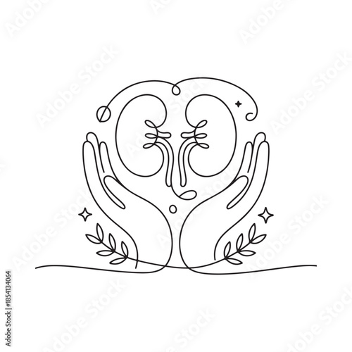 Hands cradling kidneys with botanical elements in a continuous line drawing