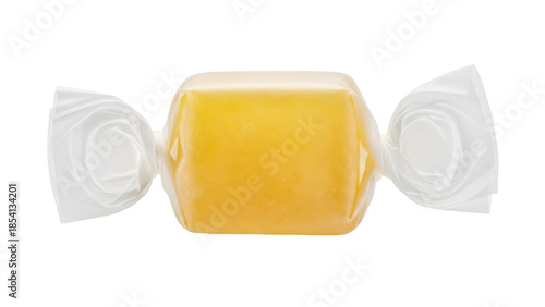 Foto Yellow caramel candy PNG isolated on transparent background, sweet toffee wrappe