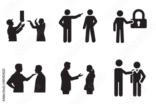 Diverse human silhouettes representing various interactions and concepts like communication, collaboration, and security.