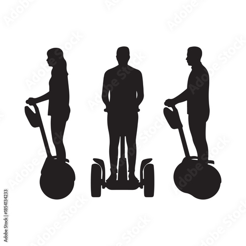 Silhouettes of three people riding self balancing scooters in a minimalist style