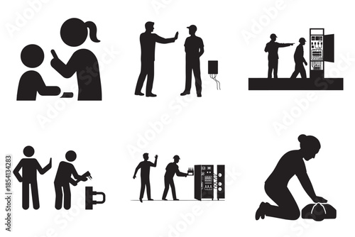 Silhouettes illustrate various workplace interactions and tasks, including teamwork, problem-solving, and customer service.