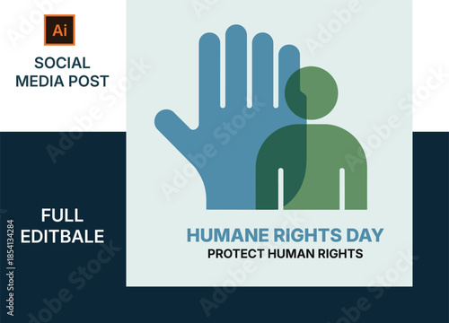 A graphic design promoting humane rights day with a hand and human figure illustration advocating for protection