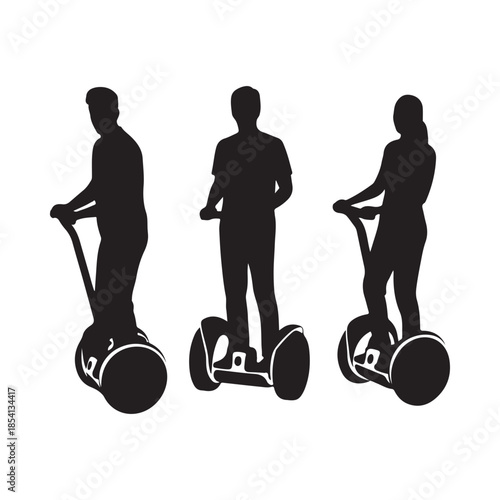 Silhouettes of three people riding self balancing scooters in a row