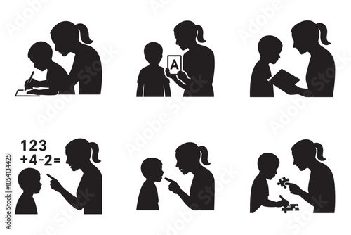 Mother gently guiding her child through various learning activities, fostering education and development.