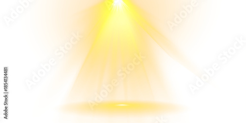 Gold spotlight background with yellow ray effects and golden glow beams. Abstract burst or glitter flare for stage designs. Transparent halo projection or award show gleam for event backdrops.