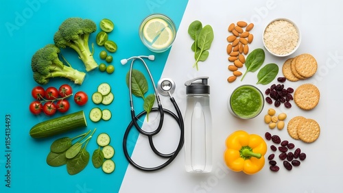 A healthy balanced diet with medical equipment promoting overall health and wellness
