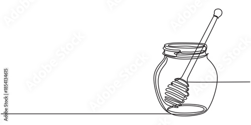 A continuous line drawing of a honey jar with a dipper, Vector continuous one single line drawing of honey on dipper in silhouette on a white background. Linear stylized. honey jar , pro
