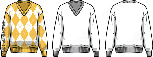 Argyle v neck sweater front back view vector illustration fashion knitwear apparel design template isolated mockup winter clothing technical sketch