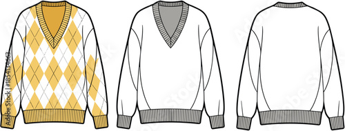 Argyle v neck sweater front and back view vector illustration fashion knitwear apparel design template isolated mockup, winter clothing technical