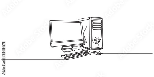 Continuous single one line of Computer and its accessories like PC monitor and keyboard isolated on white background, Minimalist desktop computer with monitor and mouse drawn in one continuous line