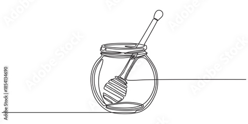 A continuous line drawing of a honey jar with a dipper, Vector continuous one single line drawing of honey on dipper in silhouette on a white background. Linear stylized. honey jar , pro