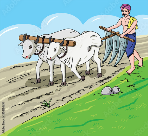 Cute cartoon hand drawn vector Indian farmer with plough in paddy field outline.	
