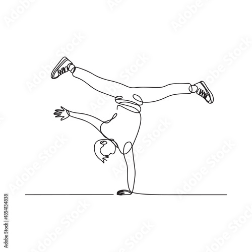 A continuous line drawing of a person performing a handstand cartwheel