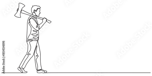 One line drawing of a man carrying an axe on his shoulder, sports concept for international event, International Axe Throwing Day promoting leagues, training, safety, and community participation