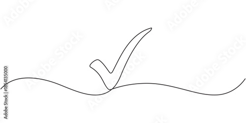 Approval check mark icon continuous one line drawing on white background minimalist tick symbol outline vector illustration, Check mark continuous one line drawing and minimalist style isolate 