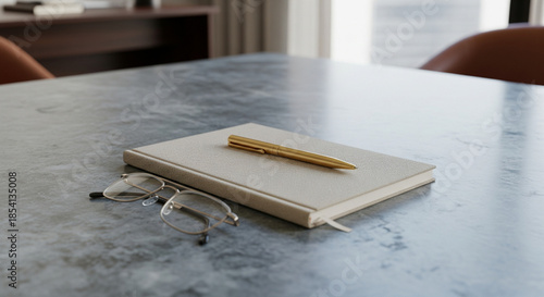 Wallpaper Mural A close-up, high-angle shot of a beige hardback notebook with a gold pen resting on top, placed next to a pair of glasses on a grey marble surface Torontodigital.ca