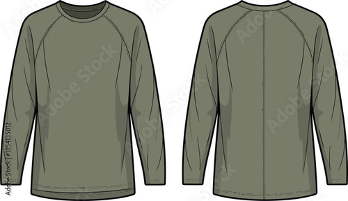 Olive green long sleeve crewneck sweatshirt front and back view vector mockup isolated apparel design template for fashion branding presentation
