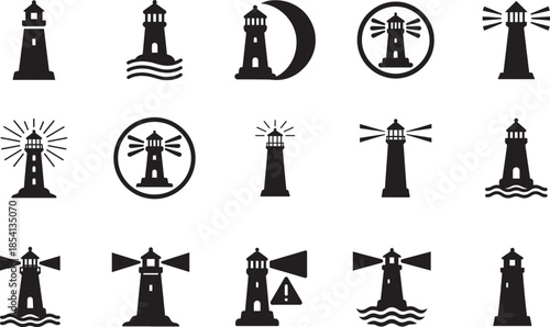Lighthouse icon set in bold vector style. Maritime navigation symbols isolated on white for web and print use.