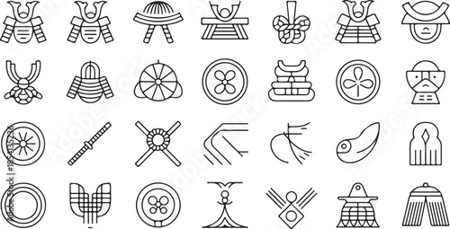 Collection of japanese samurai helmets and traditional warrior symbols in linear style