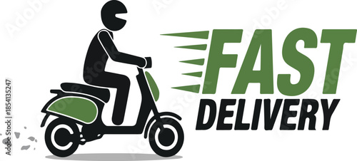 Minimalist Flat Vector Illustration of a Delivery Man on a Scooter with Fast Delivery Bold Green Text