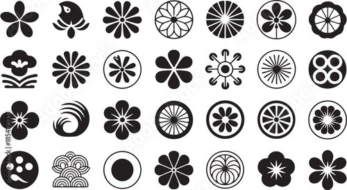 Collection of monochrome floral and circular Japanese style design elements