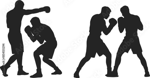 Set of black silhouettes of boxers in fighting stance and sparring action isolated on white background
