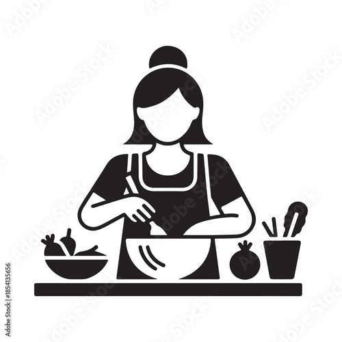Woman preparing food in the kitchen a simple black and white illustration