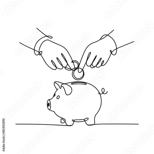 Line art illustration of hands depositing coins into a piggy bank
