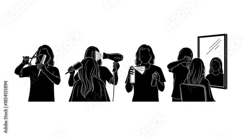 Hairdresser Silhouette Vector Set Showing Cutting Blow Drying Styling and Mirror Checking Poses