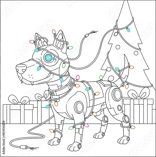 Cyber Dog Wrapped in Christmas Lights – Futuristic Holiday Illustration with Tree and Gifts for Coloring and Design