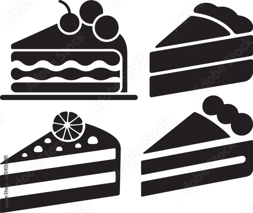 Set of Cake Slice Silhouette Vector Illustration, Black and White Dessert Icon