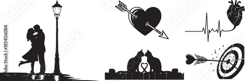 Romantic Streetlight Kiss and Cupid Target Vector Silhouette Set