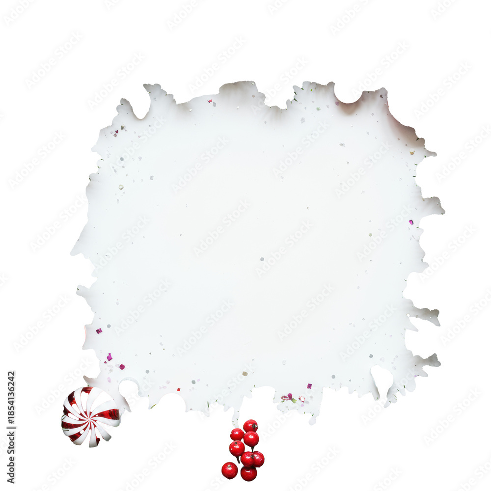 Obraz premium Meticulously arranged flat lay festive frame with dark green fir, sparkling snow, vibrant red holly berries, striped candy canes, iridescent baubles on white copy space, elegant christmas frame