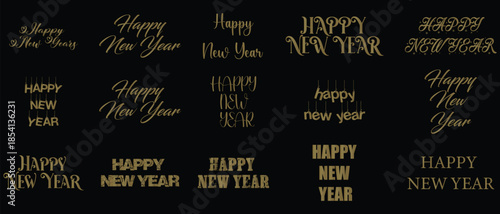 Happy New Year Lettering Set. New Year Gold Vector Holiday Text Design. Texts displaying the phrase happy new year. Vector illustration.