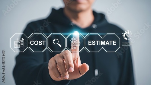 Businessman interacting with cost estimate interface on futuristic screen