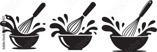 Set of Whisking Liquid in Bowl Silhouette Vector, Black and White Illustration
