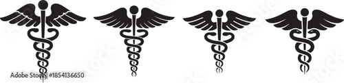 Set of Caduceus Silhouette Vector Illustration, Black and White Medical Symbol